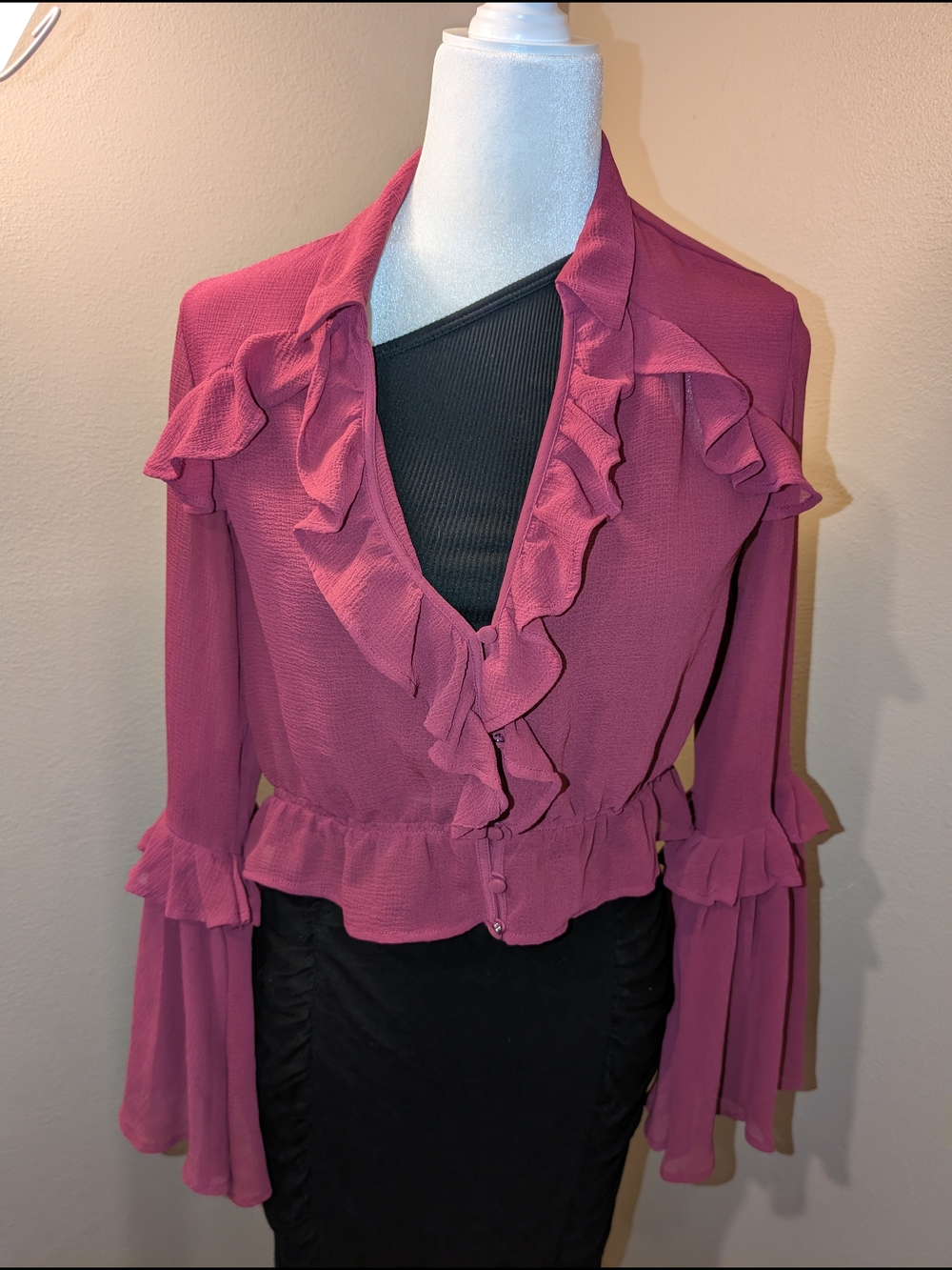Anthropologie Raspberry Ruffled V-Neck Blouse